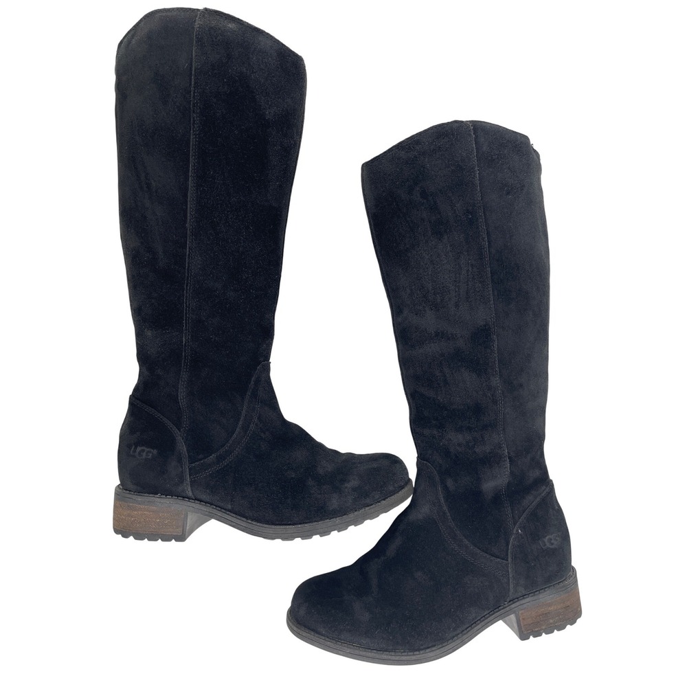 UGG Seldon Tall Suede Boots Women Size 6 Black Rear Zip 1005434 Chunky Heel
